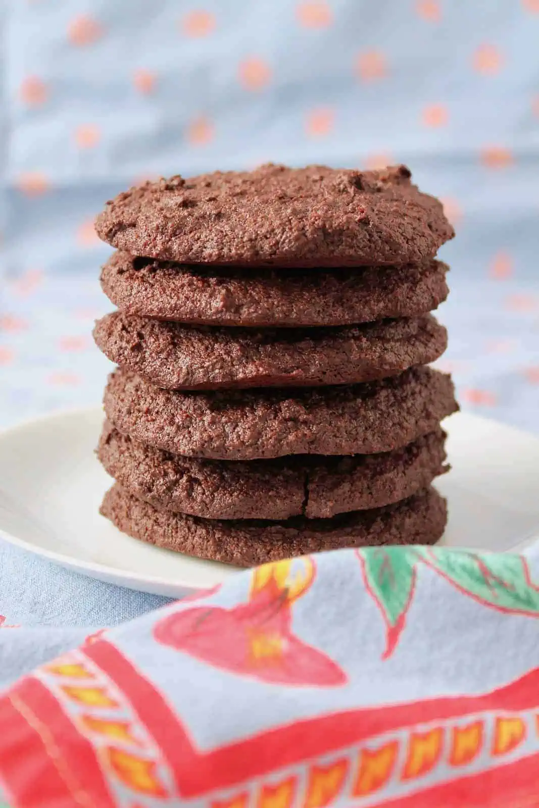 Six gluten free chocolate cookies stacked on top of each other on a white plate surrounded by blue table cloth with a red floral border
