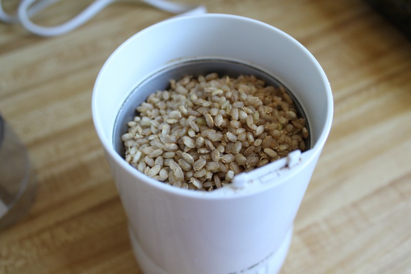 A photo of sprouted brown rice flour in a coffee grinder to make sprouted brown rice flour