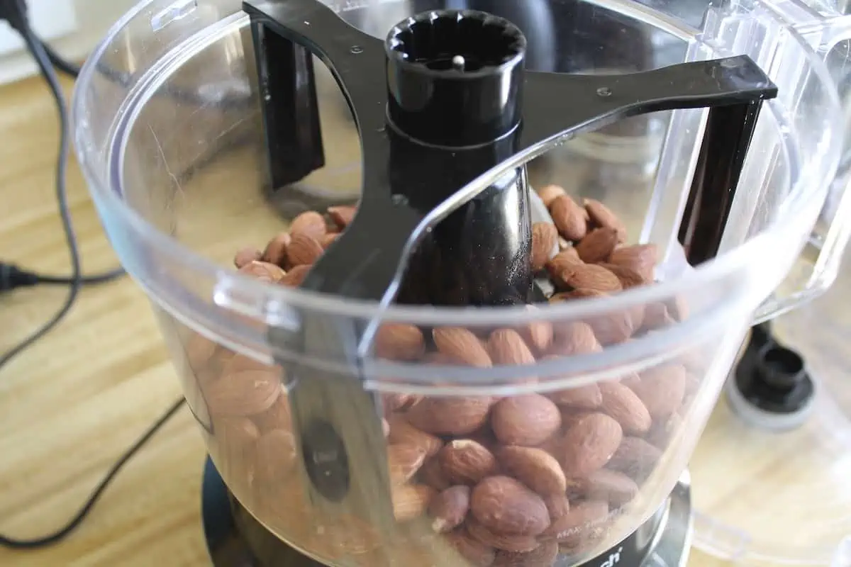 Food processor with whole almonds in it