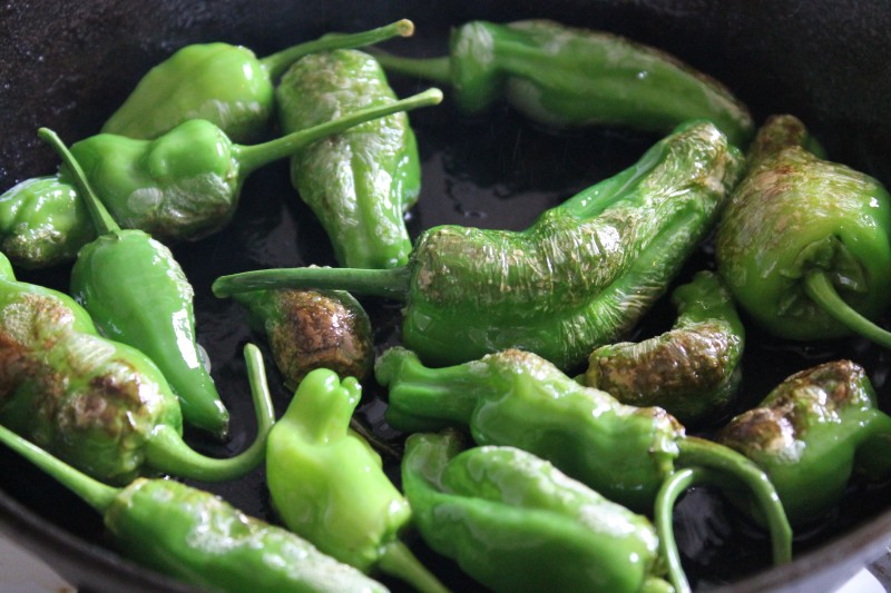 A close up of Pimientos de Padrón slightly charred in a pan