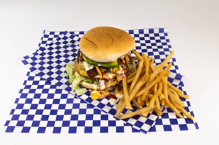 Hamburger and fries on a blue and white checkered paper