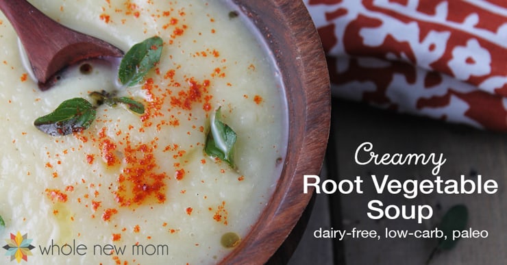 A close up of a creamy root vegetable soup