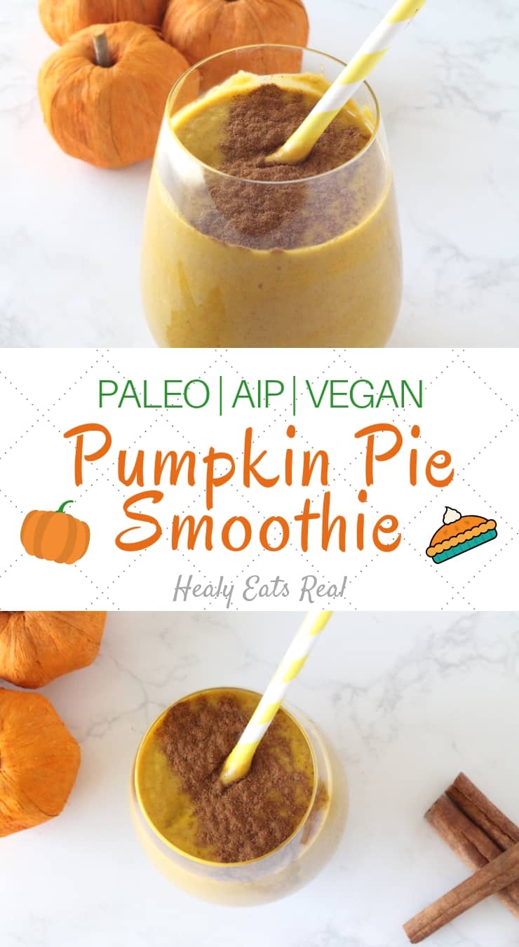 Easy Spiced Pumpkin Smoothie (Paleo, Vegan, AIP)- This easy pumpkin smoothie has a smooth creamy texture and sweet spiced flavor. It's the perfect healthy paleo, aip and vegan fall breakfast! #pumpkin #fall #aip