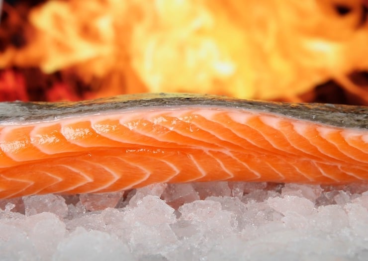 A close up of raw pink salmon filet on ice