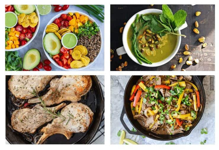 A collage image of 4 whole 30 dinner recipes