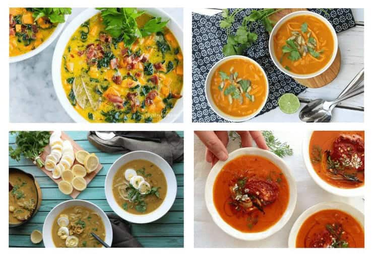 A four collage image of paleo soup recipes