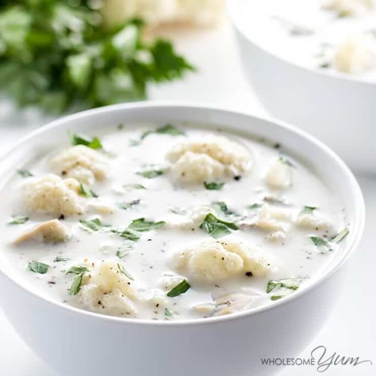A bowl of paleo chowder with dumplings