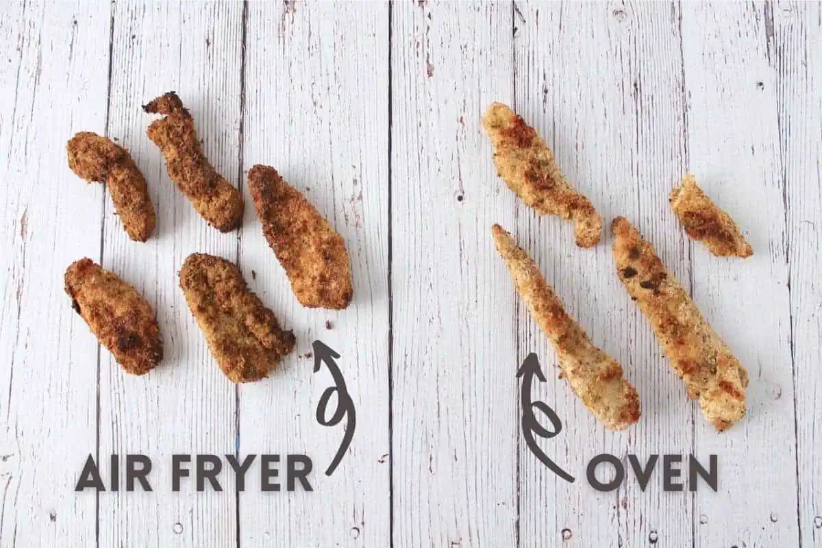 Comparison photo of the difference between air fryer or oven baked chicken tenders