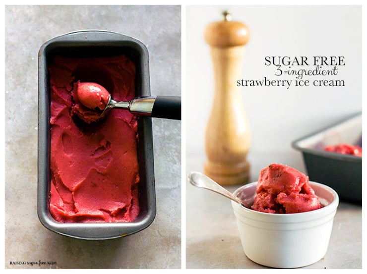 Split photos with ice cream in bread tin on left and scoops of ice cream in white dish on right