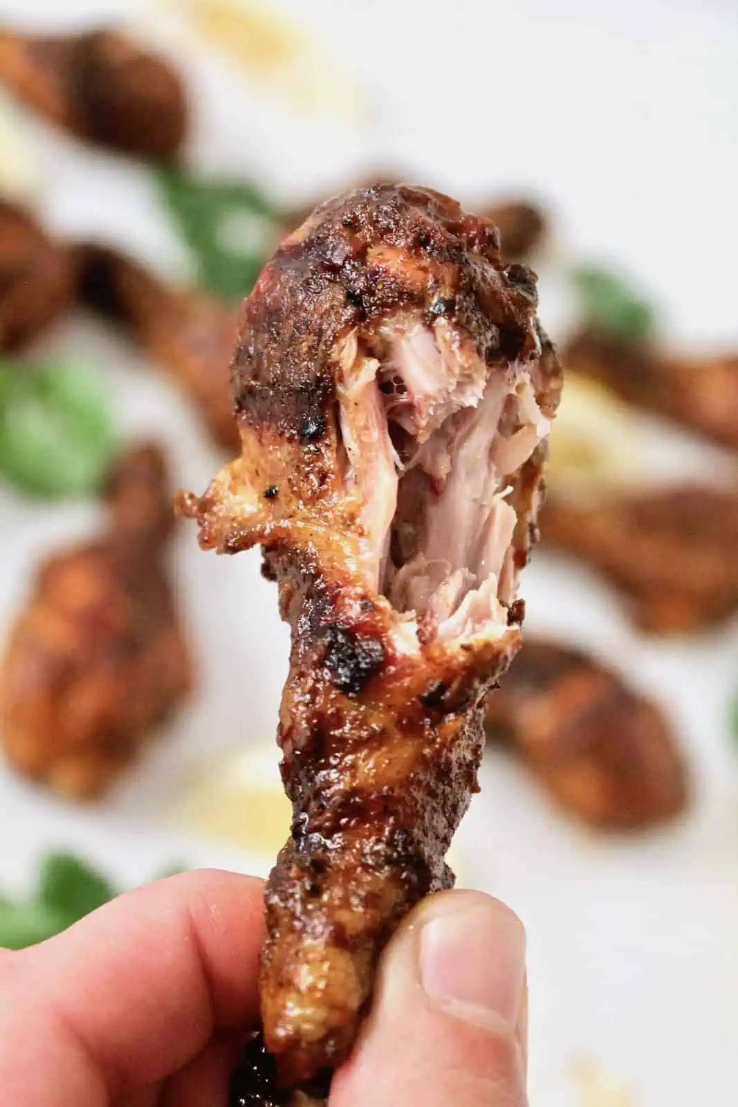 Close up of a hand holding a drumstick of chicken tandoori with a bit out of it