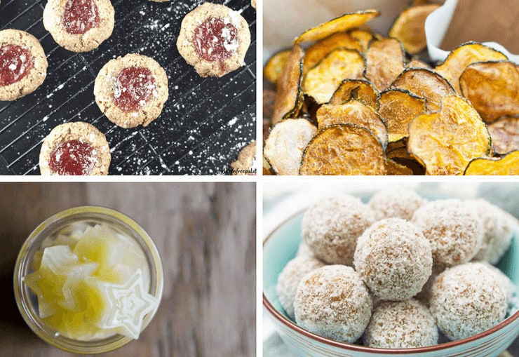 A collage image of four healthy snack ideas