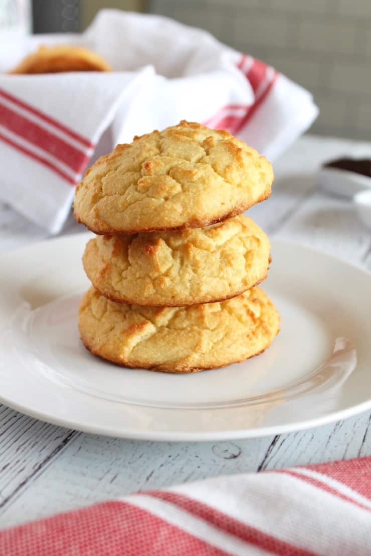 Close up of a stack of three yellow paleo biscuits