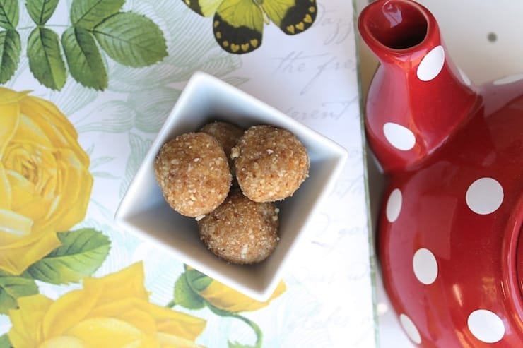 Paleo cookie balls in a small white bowl