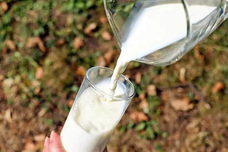 A hand holding a glass of milk and pouring milk into it from a jug