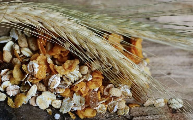 A close up of grains on a wooden surface