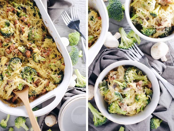 White casserole dish filled with spaghetti squash casserole