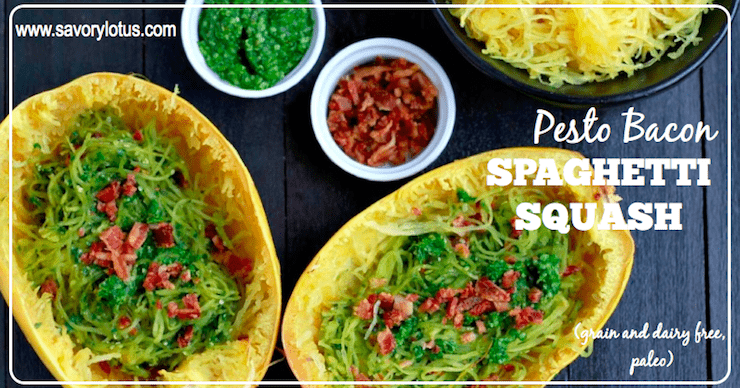 Halved spaghetti squash with green pesto and bacon on top