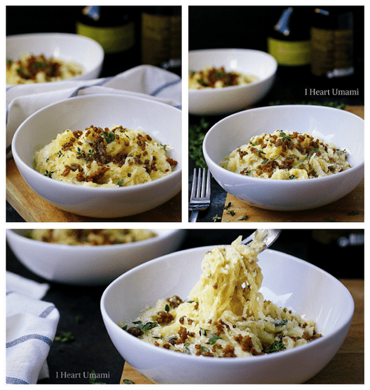 Collage of white bowl filled with spaghetti squash and toppings