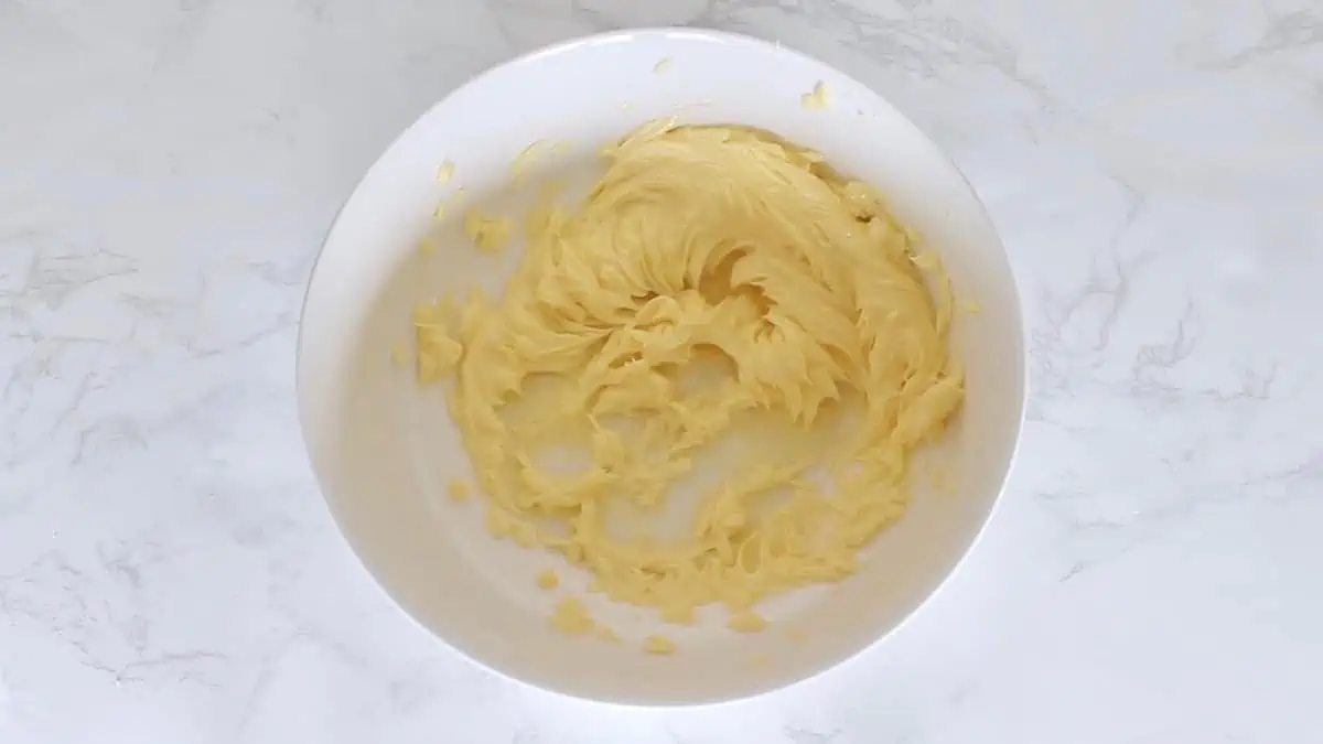 Whipped butter in a white mixing bowl