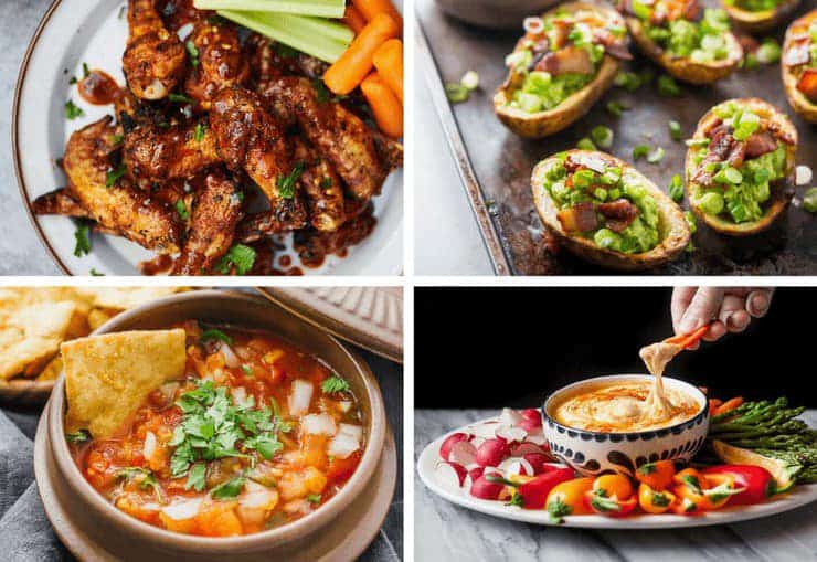 A four image collage of healthy party food ideas