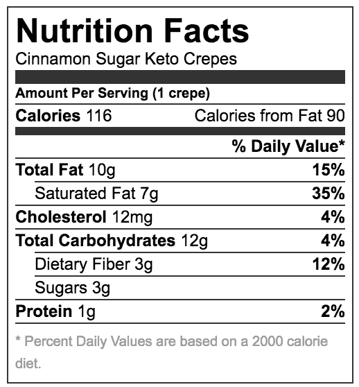 Nutrition fact label for cinnamon sugar keto crepes