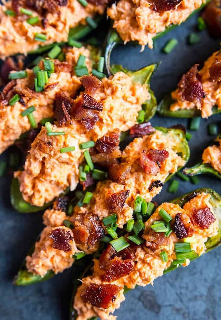 Jalapeno stuffed poppers topped with bacon