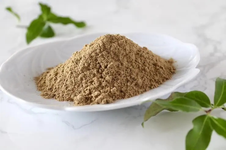 close up of powdered essiac tea on a white plate