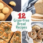 Collage of grain free bread recipes including bagels, sandwich bread, flatbread and rolls