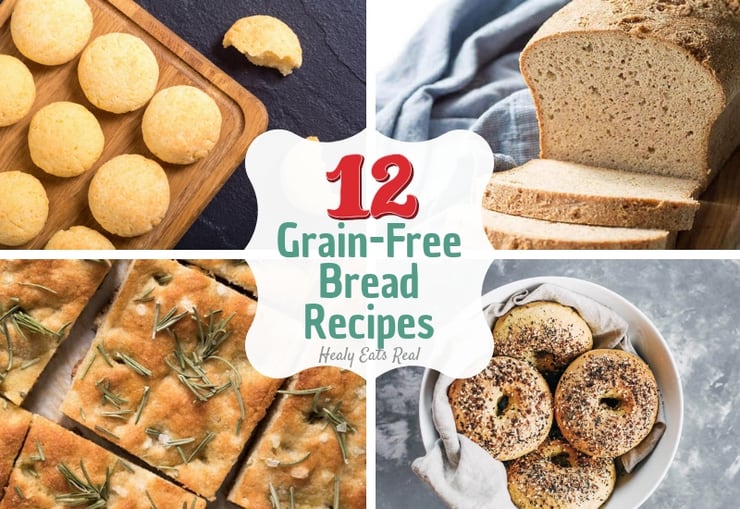 Collage of grain free bread recipes including bagels, sandwich bread, flatbread and rolls