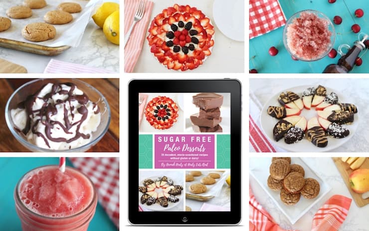 Collage of various colorful sugar free paleo desserts with ipad ebook cover in middle