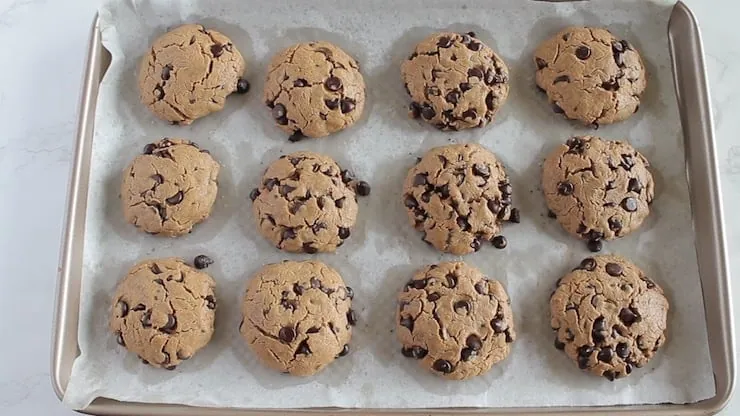 Overhead view of keto chocolate chip cookies on baking sheet