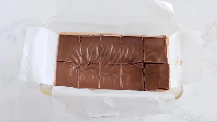 Finished keto fudge sliced into ten pieces in a glass loaf pan lined with white parchment paper