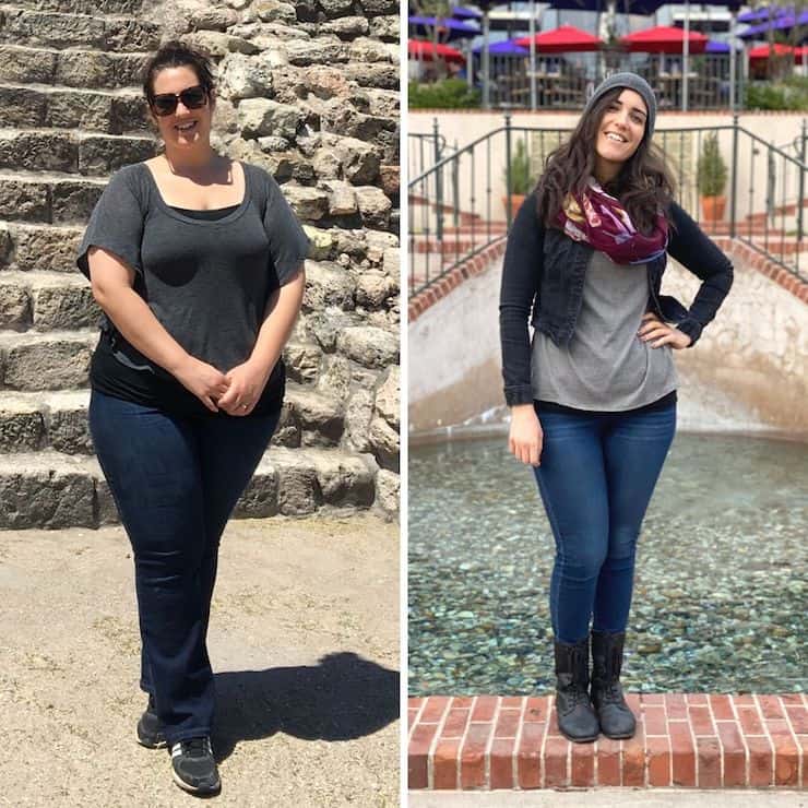 split images, on left side is an overweight woman standing on sand, on the right is an average weight woman standing on a brick ledge