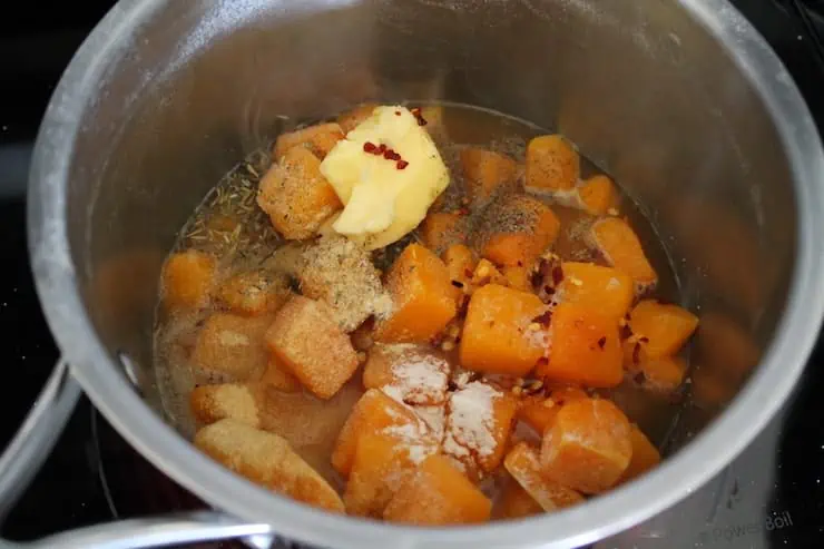 Pot on the stove with cubed butternut squash, butter, broth and spices