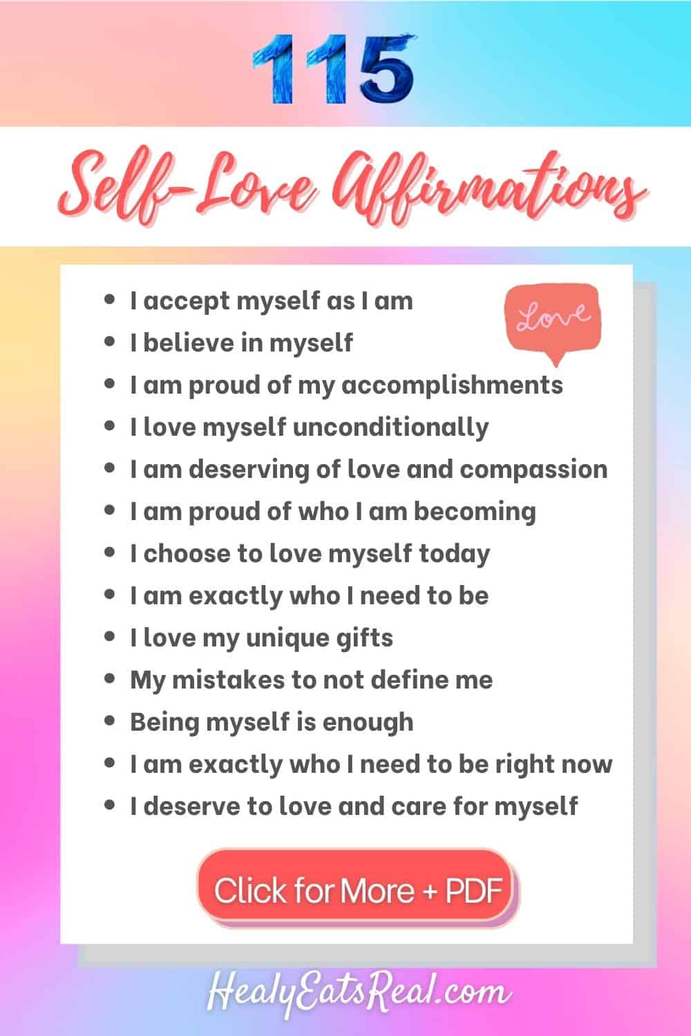 115 Affirmations for Self Love with Worksheet Printout