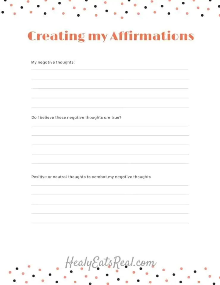 Image of worksheet with title 'creating my affirmation' and journal lines for writing