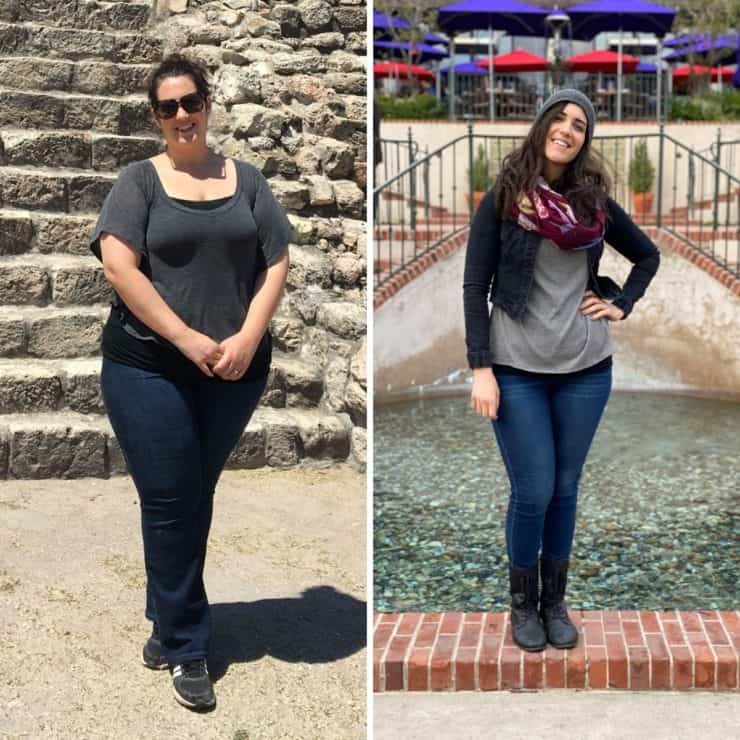 before photo on left side of overweight dark haired woman next to after photo on the right of slimmed down dark haired woman