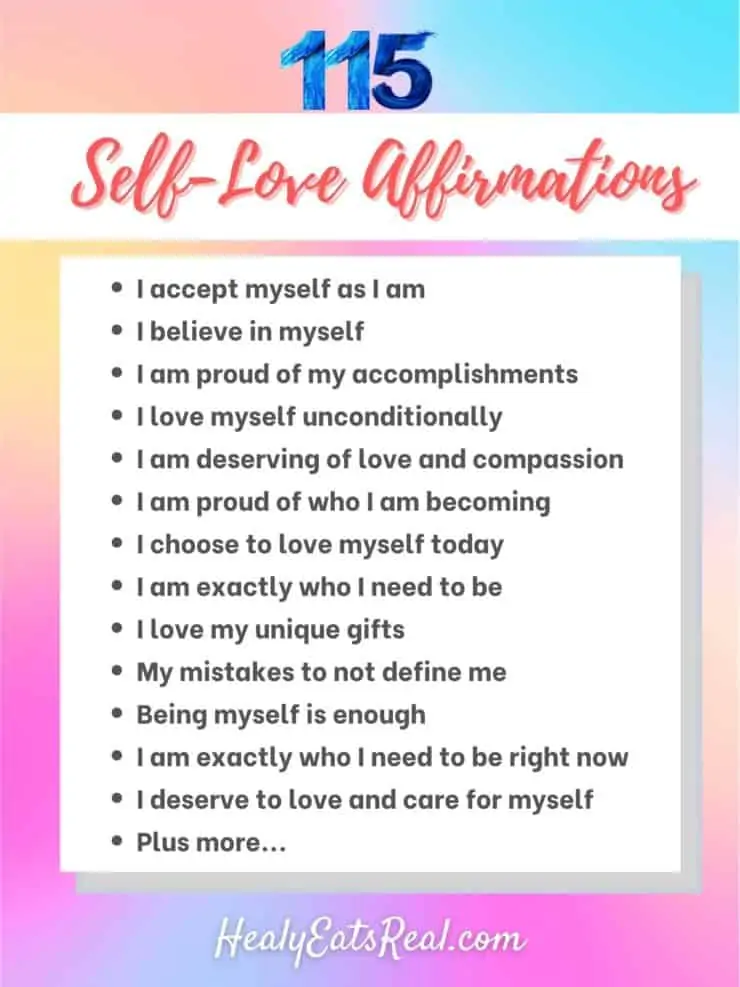 Text with title '115 self love affirmations' followed by a list of various affirmations