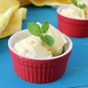 Small red ramekin with pineapple sorbet in it with a mint leaf on top with another ramekin in the background next to a yellow dish towel on a blue wooden surface