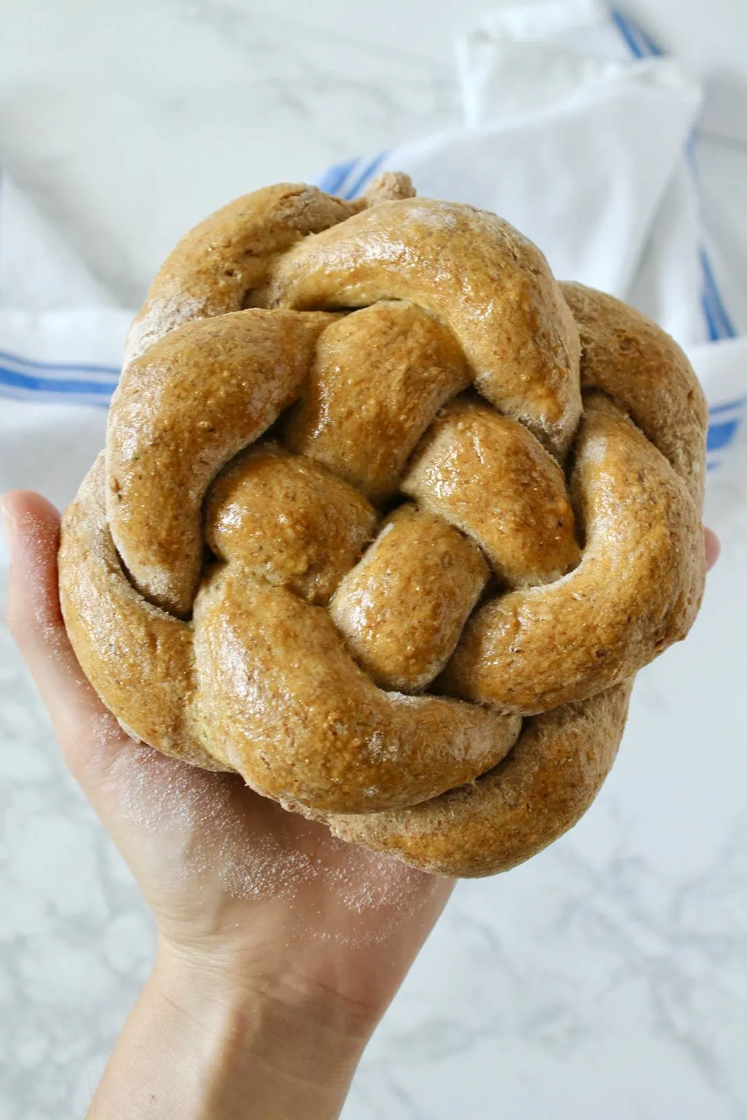 A person is holding a braided gluten free challah bread.