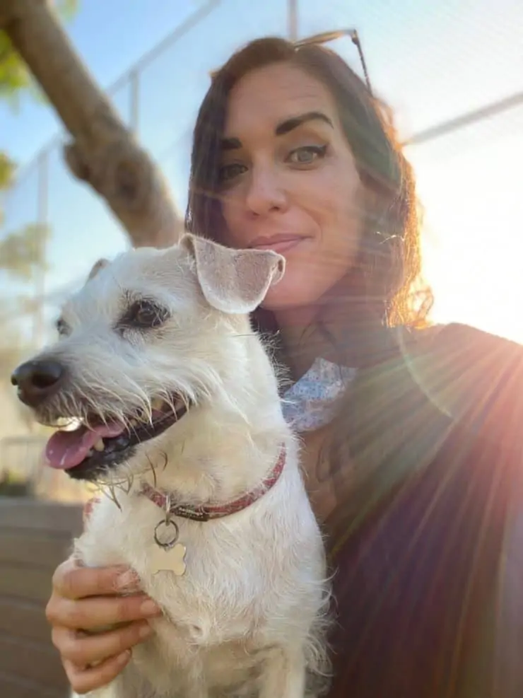 close up of woman with small white dog sitting on her lap