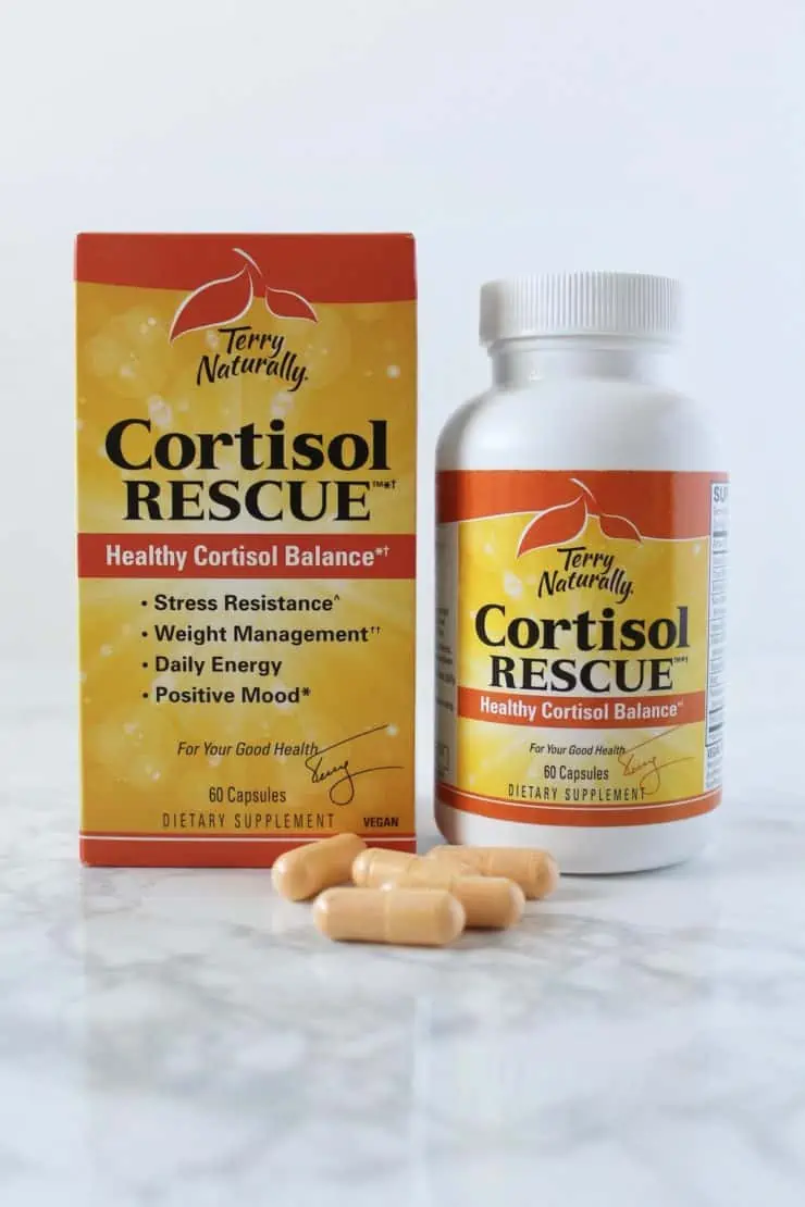 cortisol rescue vitamin bottles on a white marble surface