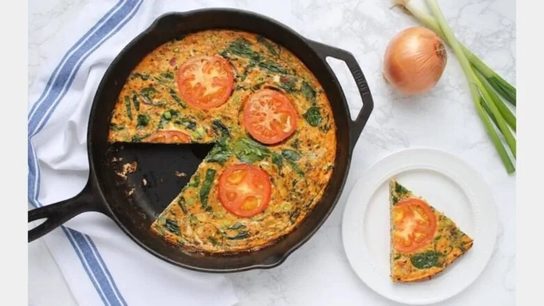 overhead shot of vegetable tomato frittata