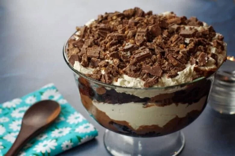 Chocolate trifle in a glass bowl.