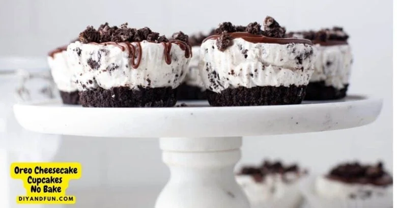 Oreo cheesecake cupcakes on a white cake stand.