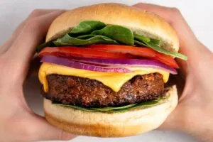 Vegetarian burger with a plant-based patty, cheddar cheese, spinach, tomato, and red onion on a bun.