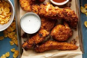 Breaded fried chicken drumsticks served with dipping sauces on a tray, garnished with potato chips.