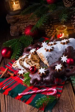 German dresdner christ stollen with marzipan and raisins.